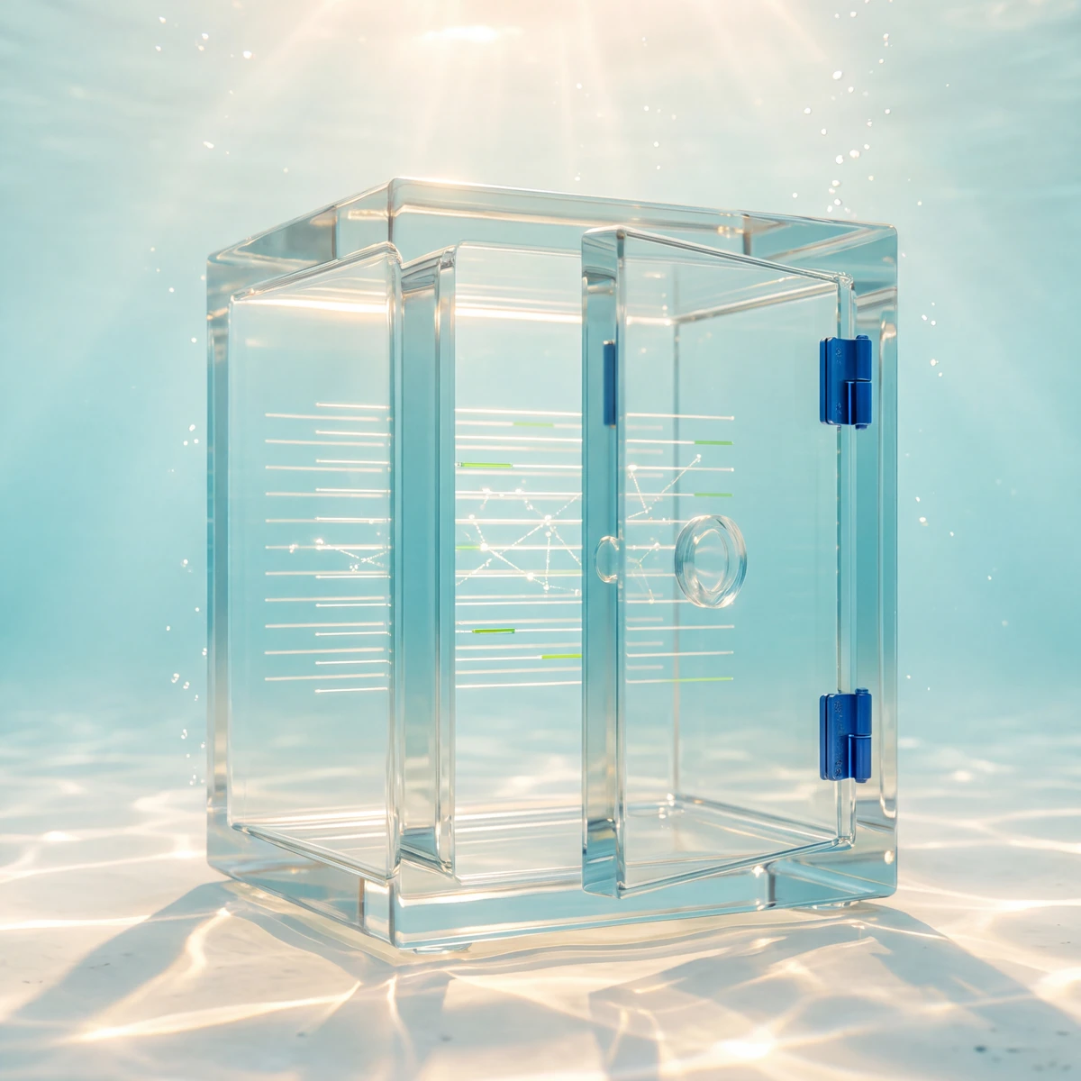 Gläserner Tresor mit sichtbarem Protokoll im Sonnenlicht.
