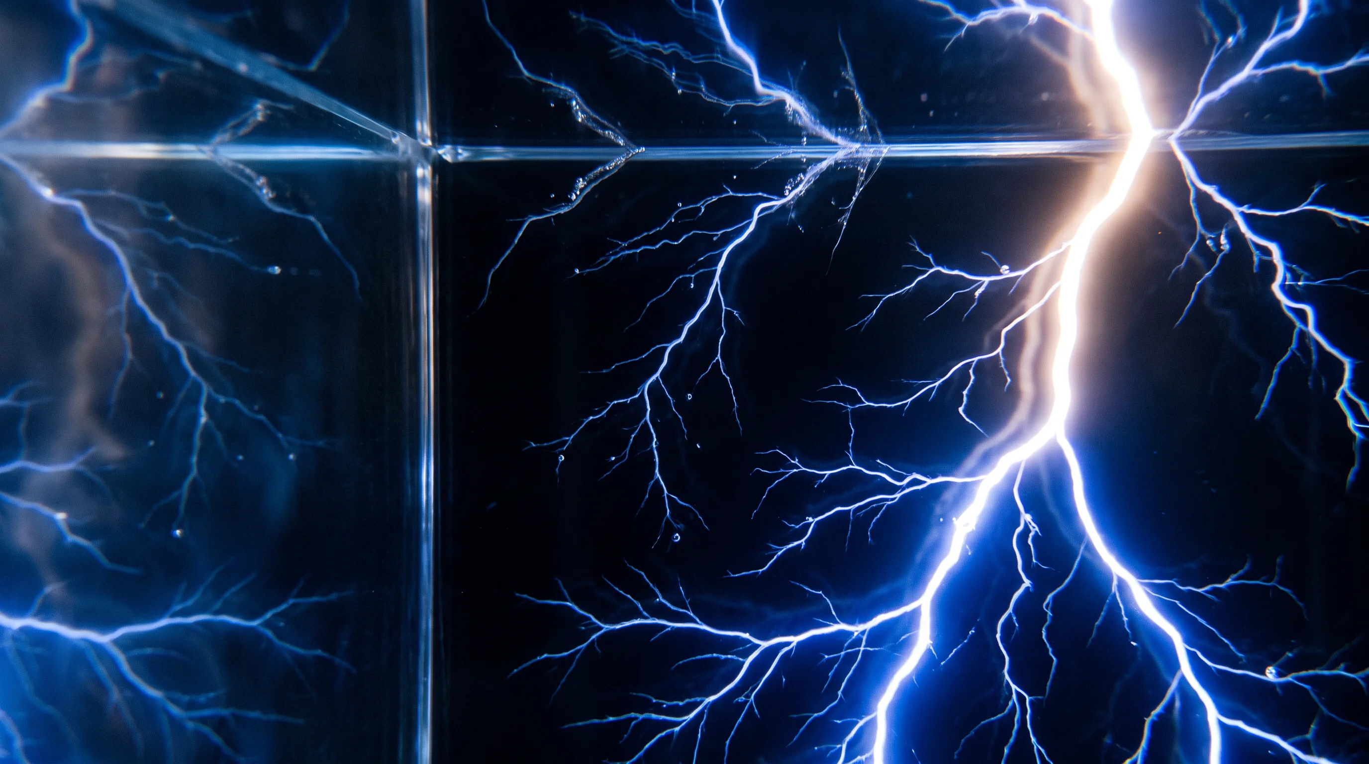 Die kobaltblauen Äste einer elektrischen Entladung im Glas.
