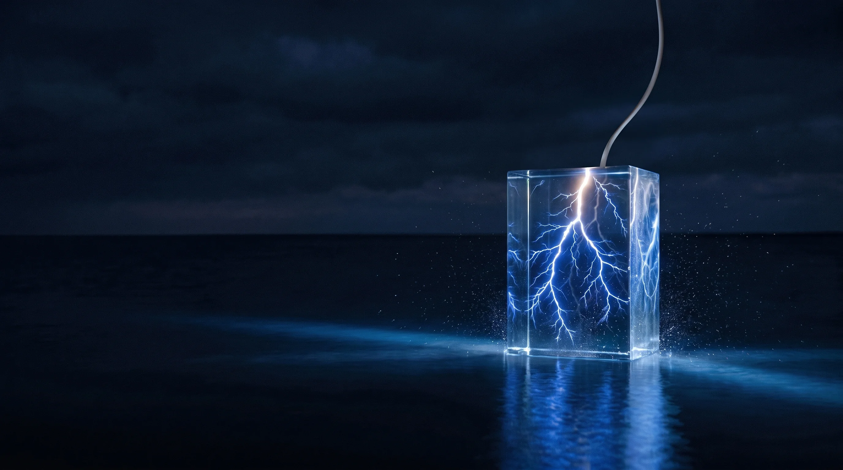 Ein Blitz verzweigt sich in einem Glasblock über dunklem Wasser.