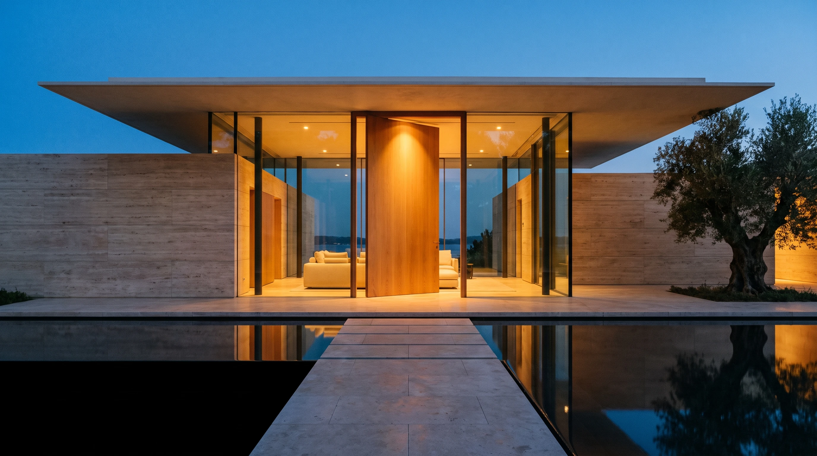 Villa am See mit Travertinfassade und warm beleuchtetem Eingang