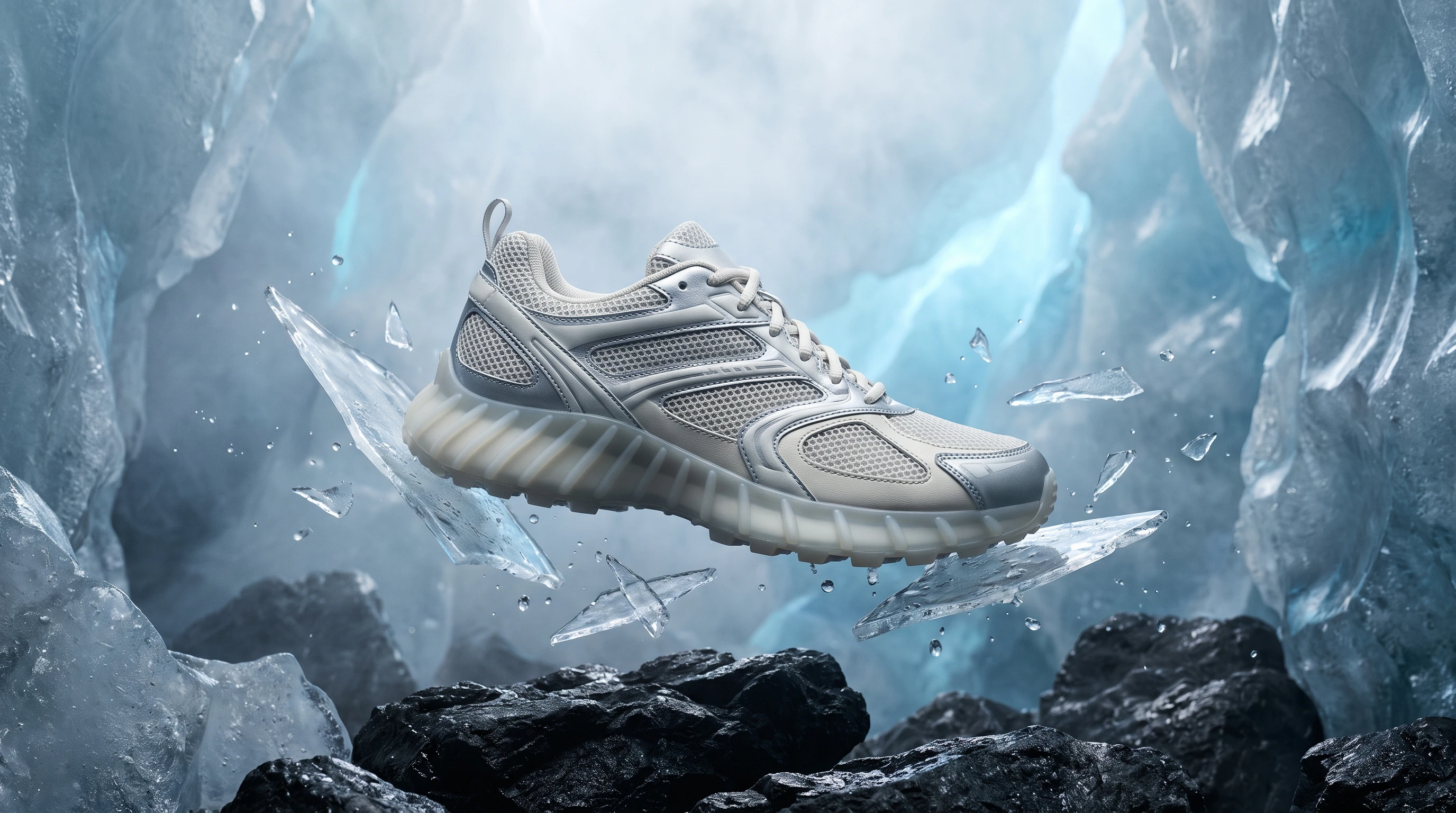 Silberner Sportschuh zwischen schwebenden Eissplittern