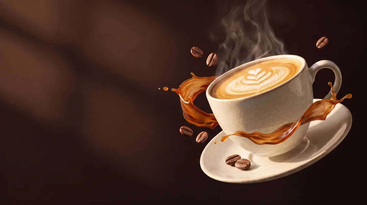 Schwebende Cappuccinotasse mit Kaffeebohnen, Spritzern und Dampf